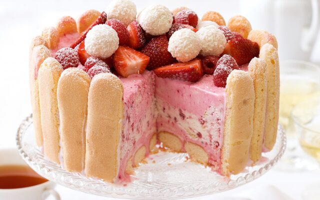 Delicious Strawberry Tart Cake with Ladyfingers and Coconut Balls Tart Wallpapers