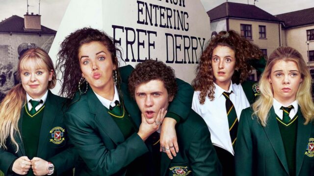 Derry Girls TV Series Cast in School Uniforms with Free Derry Wall Background Wallpaper