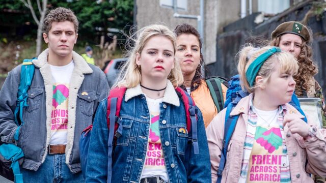 Derry Girls TV Series Group Scene Friends Across the Barricades Wallpaper