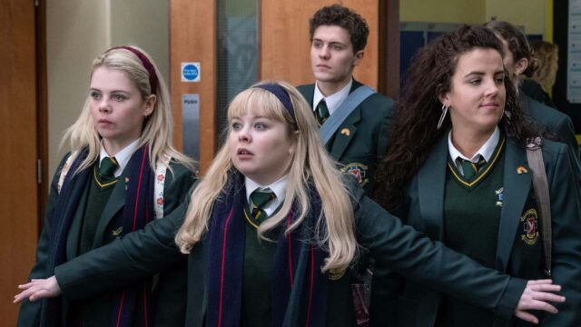 Derry Girls TV Series School Uniform Scene Wallpaper with Main Characters