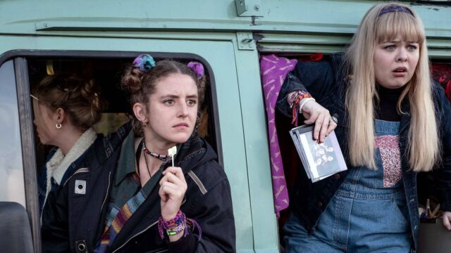 Derry Girls TV Series Wallpaper Characters Looking Out From Van in Casual Outfits