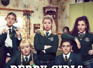 Derry Girls TV Series Wallpaper Group Photo in School Uniforms in Vintage Kitchen