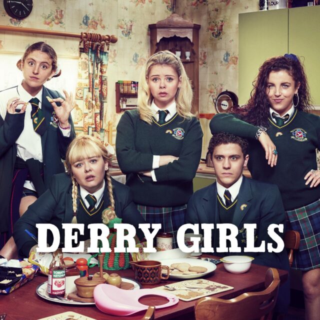 Derry Girls TV Series Wallpaper Group Photo in School Uniforms in Vintage Kitchen