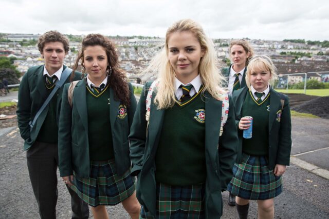 Derry Girls TV Series Wallpapers Featuring Main Cast in School Uniforms Outdoors