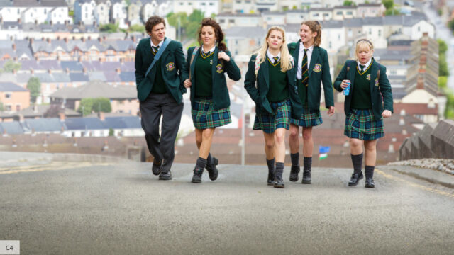 Derry Girls TV Series Wallpapers Group Walking in School Uniforms on City Street