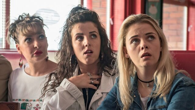 Derry Girls TV Series Wallpapers featuring iconic female characters in a dramatic scene