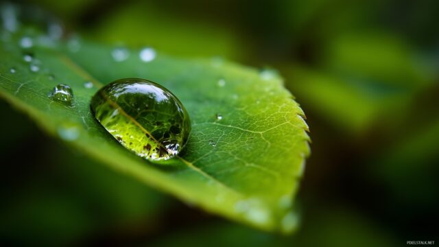 Desktop Image Desktop HD Wallpaper Free Download, A Close Up Of A Drop Of Water On A Green Leaf Reflecting The Environment