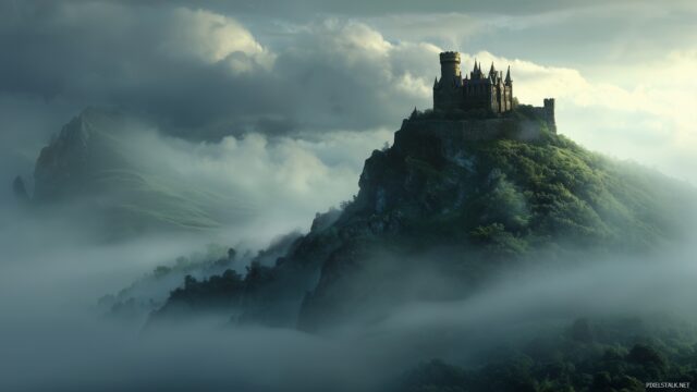 Desktop Image Full HD Desktop Wallpaper, An Enchanting Fairy Tale Castle Perched On A Hill Surrounded By A Mystical Fog