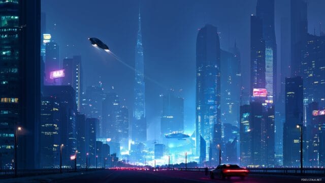 Desktop Image Ultra HD Desktop Wallpaper, A Futuristic City Skyline Illuminated At Night With Bright Lights And Flying Cars