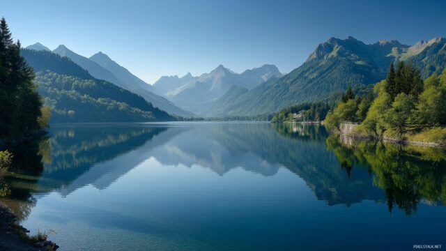 Desktop Image Wallpaper HD For Desktop Computer, A Tranquil Landscape With A Serene Lake Reflecting Mountains Under A Clear Sky