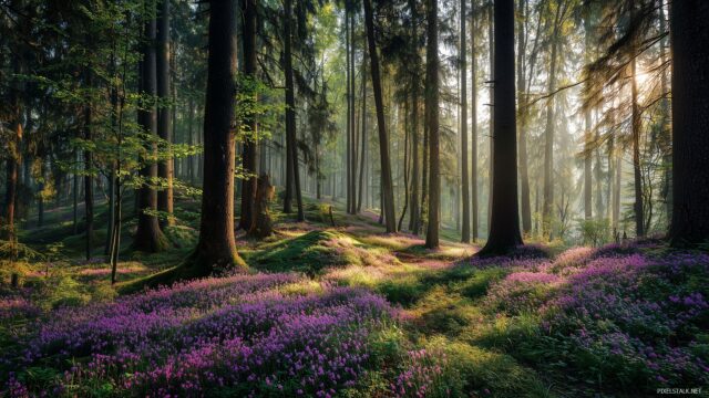 Desktop Image Wallpaper HD For PC, A Majestic Forest With Sunlight Filtering Through The Trees And A Carpet Of Flowers
