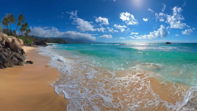 Desktop Image Wallpaper For Desktop, A Panoramic View Of A Sunlit Beach With Golden Sands And Turquoise Waters