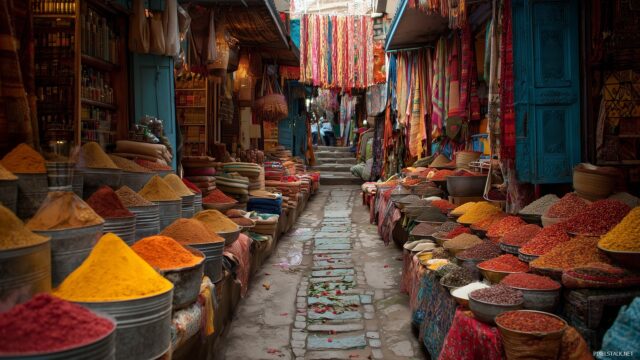 Desktop Image High Definition Wallpaper, A Lively Street In An Exotic Market Filled With Colorful Spices And Textiles