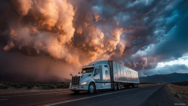 Desktop backgrounds for truck enthusiasts, a dynamic scene of a freight truck racing against a stormy backdrop.