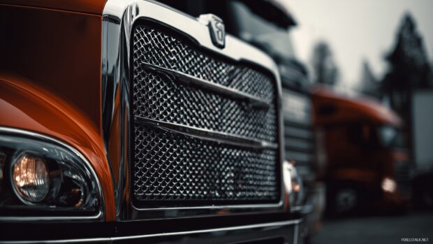 Desktop backgrounds for truck lovers, a close up of a semi truck’s front grille, showcasing its details against a blurred background.