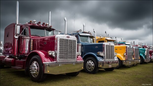 Desktop backgrounds for truck lovers, a lineup of classic 18 wheelers displayed at a truck show, showcasing their polished chrome details.