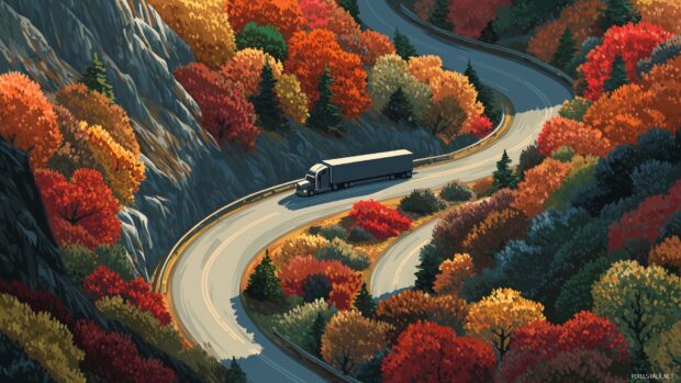 Desktop backgrounds for truck lovers, an artistic depiction of a semi truck navigating a winding road with colorful autumn leaves.