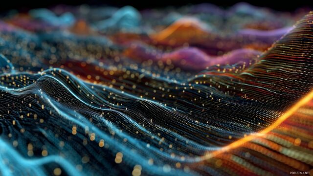 Digital Desktop Image High Resolution, A Complex Network Of Binary Code Flowing Through An Abstract Digital Landscape