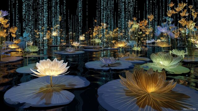 Digital Image, A Serene Digital Garden With Floating Data Petals And Glowing Binary Flowers