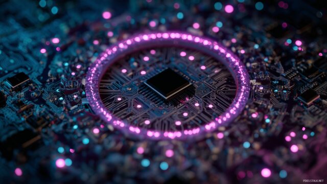 Digital Image HD For Desktop, Intricate Semiconductor Patterns Illuminated With Neon Lights Against A Dark Background