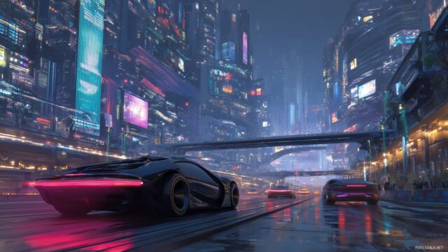 Digital Best Quality Desktop Image, A Sleek Futuristic Cityscape With Advanced Technology And AI Driven Vehicles