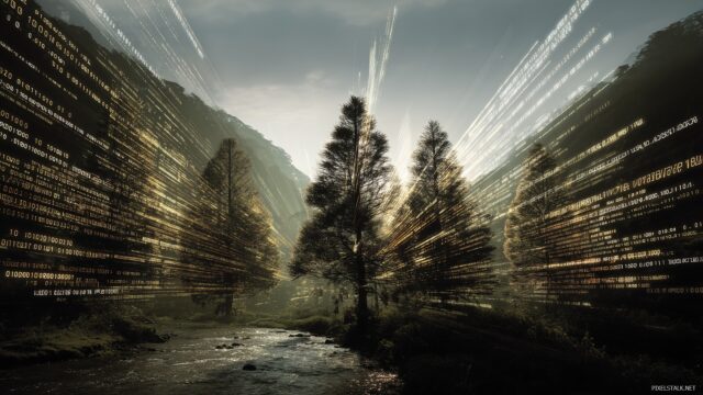Digital High Resolution Desktop Image, A Captivating Mix Of Technology And Nature, Featuring Digital Trees And Flowing Code