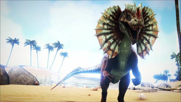 A Dilophosaurus is roaring fiercely on a sandy beach with palm trees and a bright sky in the background in Ark Survival Evolved Wallpapers