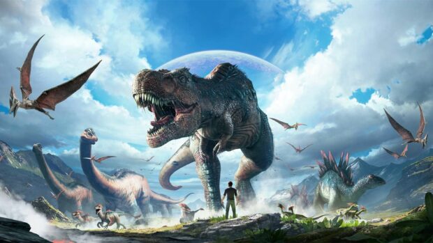 A person faces various dinosaurs in a prehistoric landscape under a blue sky, HD Desktop Wallpaper