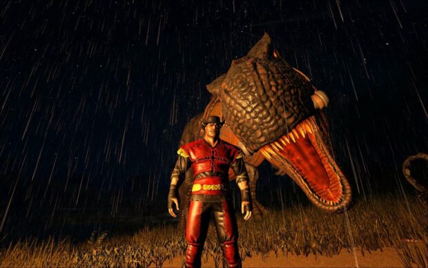 A man stands confidently with a dinosaur in the rain in Ark Survival Evolved wallpapers, HD Desktop Wallpaper