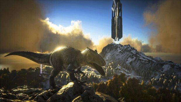 A Tyrannosaurus rex stands on a rocky cliff overlooking a snowy forest and a futuristic structure in the distance in Ark Surviv