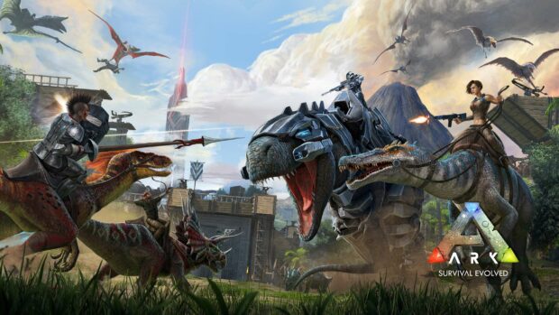 A fierce battle scene with warriors riding dinosaurs and futuristic armor in Ark Survival Evolved wallpapers, 2K Desktop Wallpaper