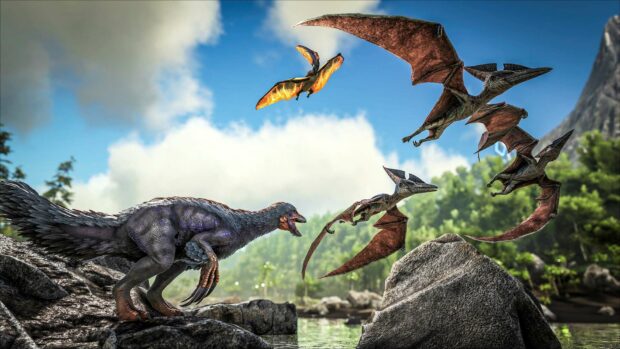 A group of dinosaurs flying and a dinosaur standing on rocks near a lake in Ark Survival Evolved, HD Desktop Wallpaper