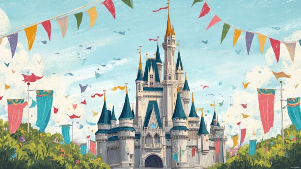 Disney Castle Background, a playful illustration of a castle with whimsical architecture and colorful banners fluttering in the breeze.