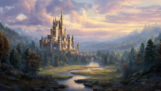 Disney Castle Backgrounds, a dreamy scene of a majestic castle surrounded by lush forests and sparkling rivers, dusk light illuminating the towers.