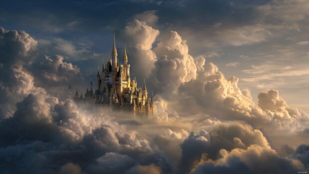 Disney Castle Dreamscape Backgrounds, a surreal dreamscape of a floating castle above the clouds, bathed in golden sunlight, creating an otherworldly feel.
