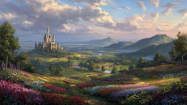 Disney Castle Landscape, a picturesque landscape showcasing a castle surrounded by rolling hills and picturesque gardens in full bloom.