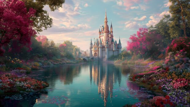 Disney Castle Scenery, enchanting scenery of a fairytale castle reflected in a serene lake, colorful flowers blooming along the shoreline.