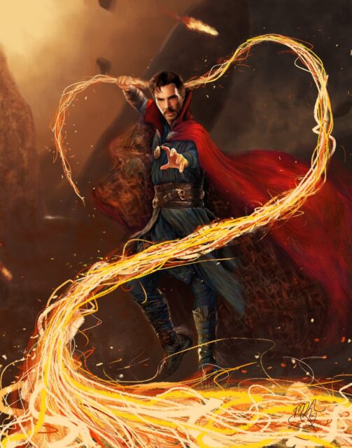 Doctor Strange Casting Magical Spells with Fiery Energy Background Wallpaper