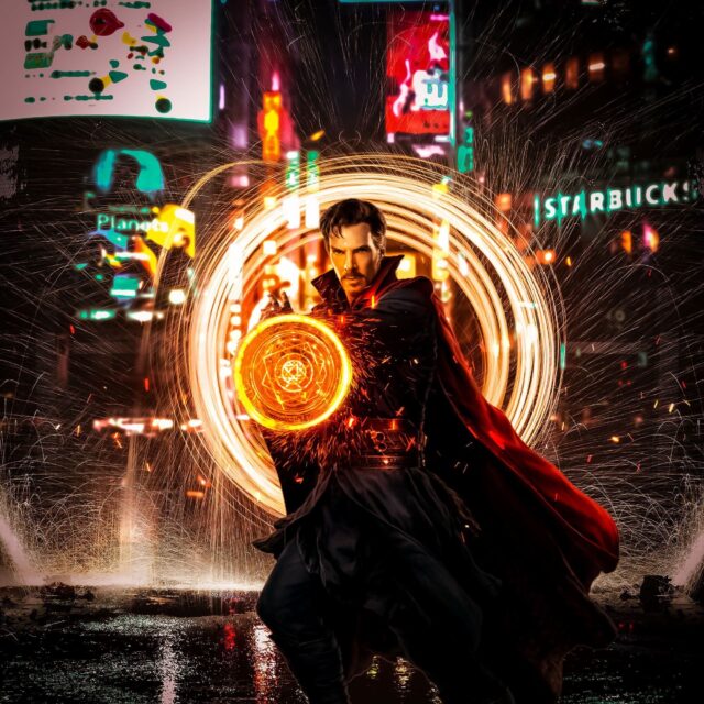 Doctor Strange Casting Mystic Spell with Magical Portal in City Night Wallpaper