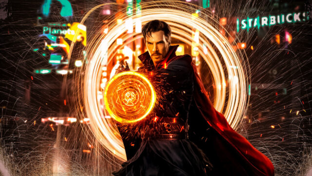 Doctor Strange casting magical shield with glowing fiery spells urban background wallpapers