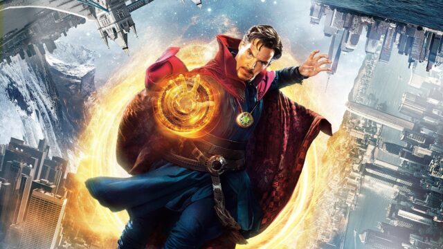 Doctor Strange casting magical spell with surreal cityscape background wallpaper