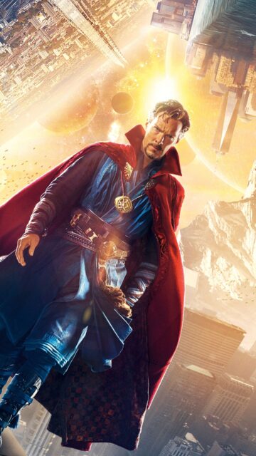 Doctor Strange in a Magical Cityscape with Cosmic Background Wallpaper