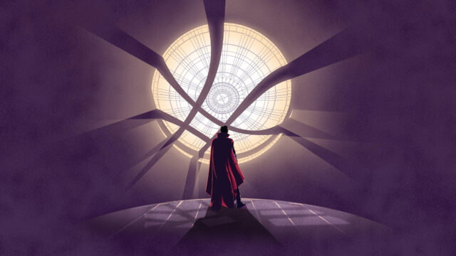 Doctor Strange silhouetted in mystical chamber with glowing circular window wallpaper