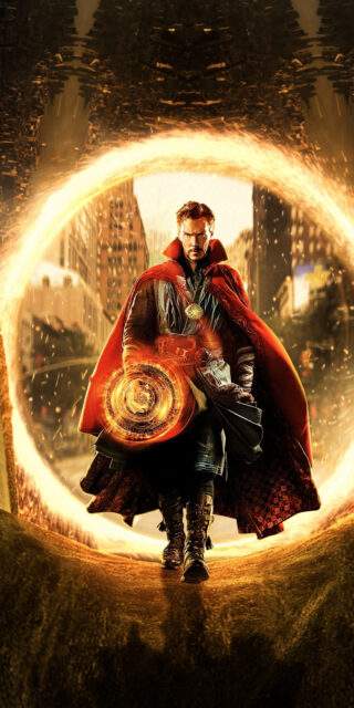 Doctor Strange walking through a glowing magical portal urban background wallpaper