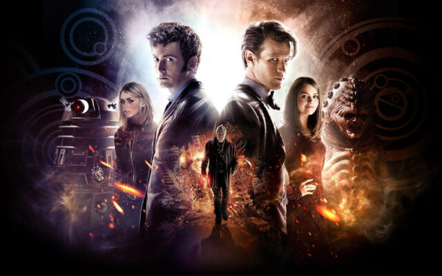 This image features Doctor Who characters with Matt Smith and David Tennant prominently displayed along with companions and enemies, 2K Desktop Wallpaper
