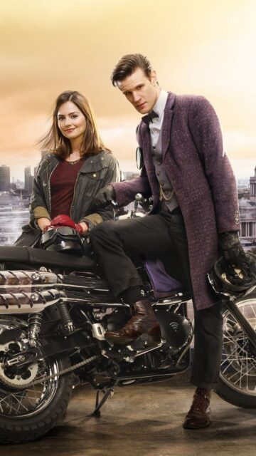 Doctor Who Matt Smith and his companion stand beside a motorcycle in a city setting, HD Phone Wallpaper