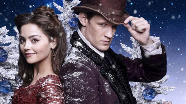 A festive portrait of Doctor Who Matt Smith and a companion with falling snow, HD Desktop Wallpaper