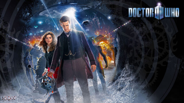 The Doctor holds a robotic head while standing with companions in a mysterious snowy environment, HD Desktop Wallpaper