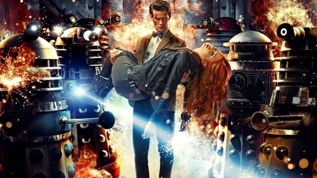 The Doctor is holding a woman surrounded by Daleks in a fiery battle, HD Desktop Wallpaper