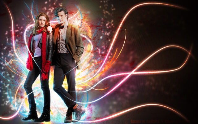The Eleventh Doctor Matt Smith stands confidently with his companion against a colorful swirl of light effects, HD Desktop Wallpaper